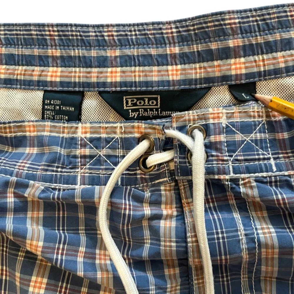Polo Ralph Lauren Mens Blue Orange Plaid Swim Trunks‎ L Lined 6 Inch Inseam